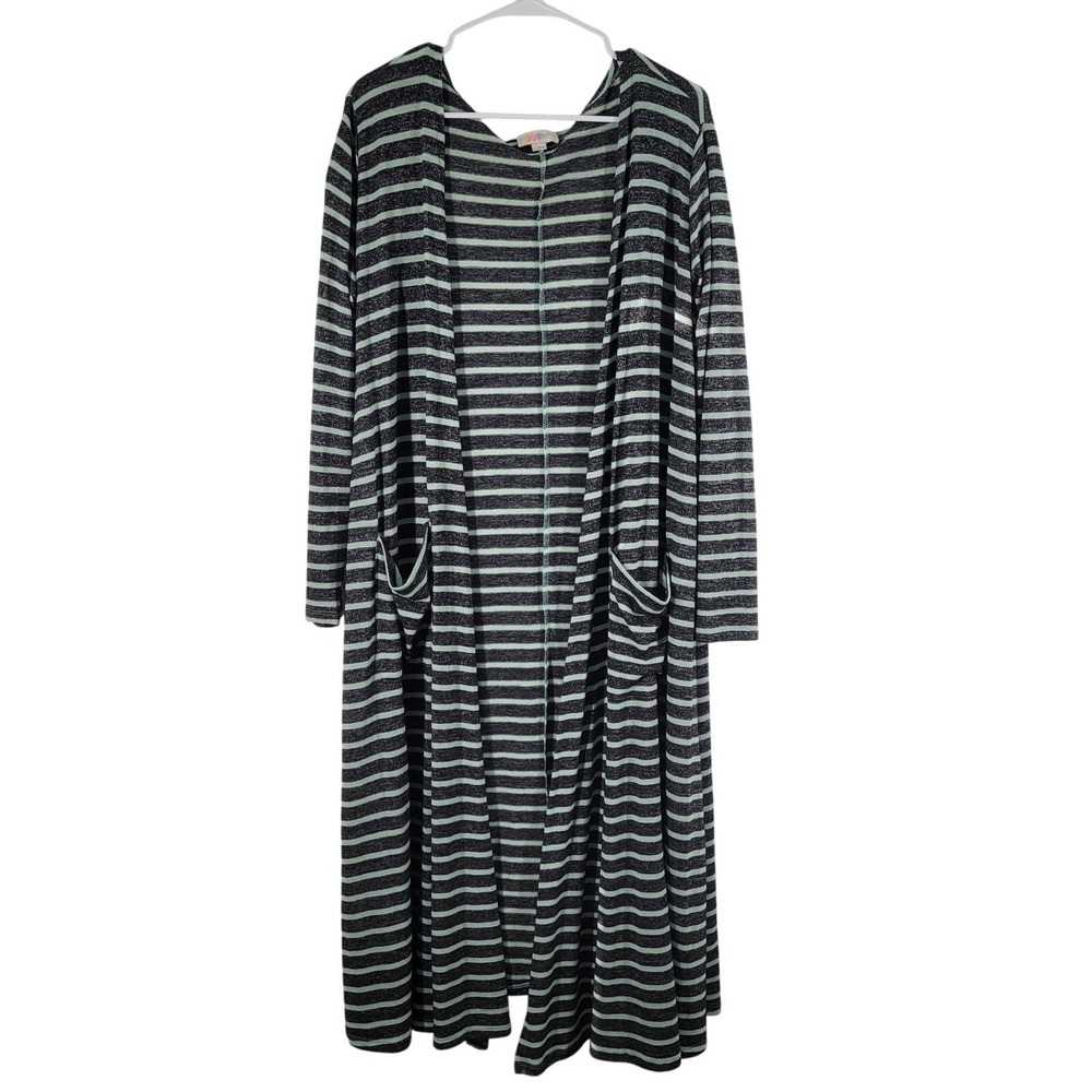 LuLaRoe Cardigan Women Large Mint Grey Striped Sarah Longline Duster Pockets